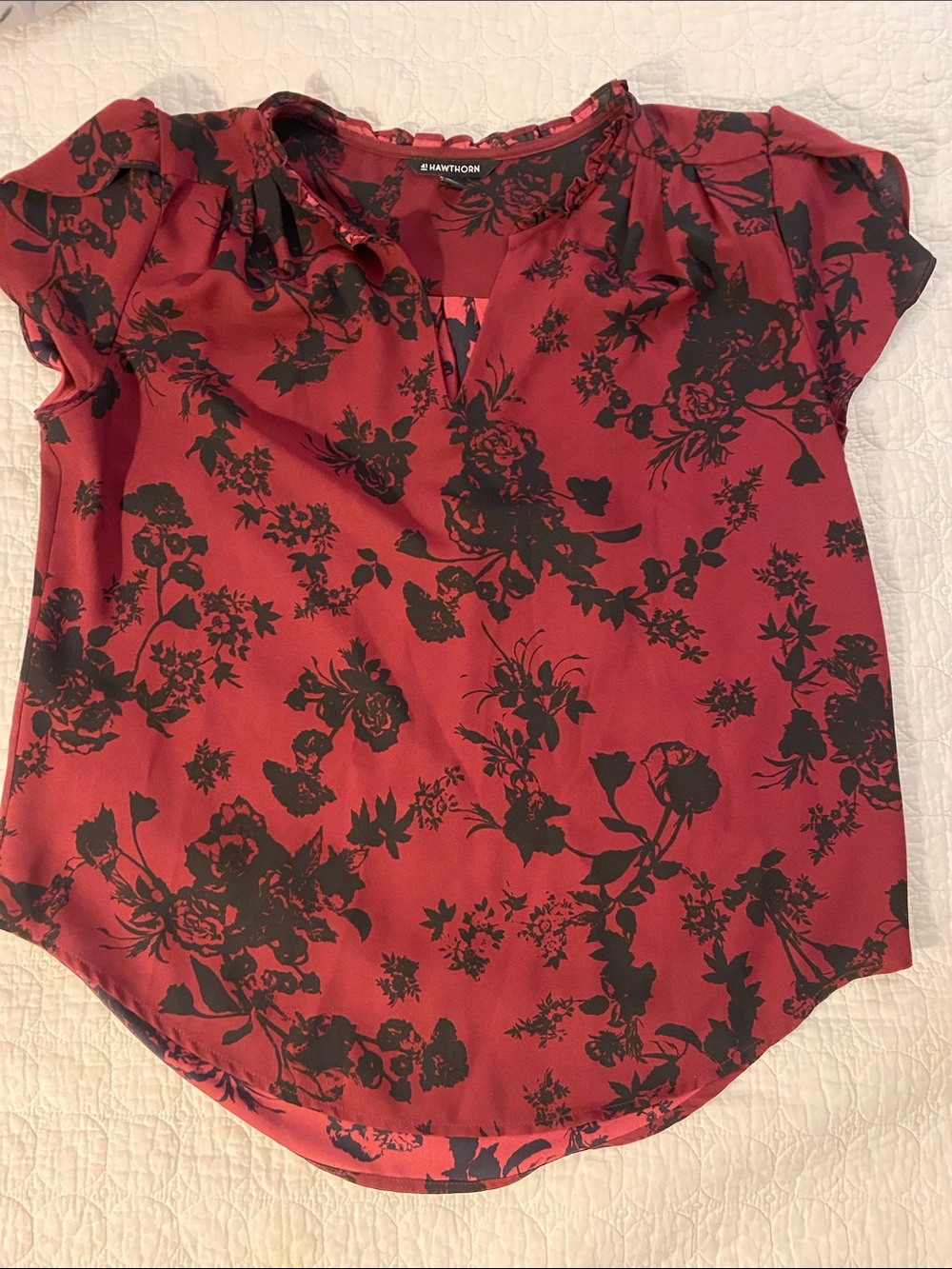 41 Hawthorn Red Floral Short Sleeve Blouse with Black Print